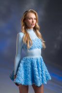 Açık Mavi Gül Detaylı Mini Elbise