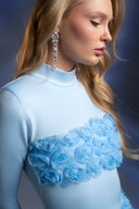 Açık Mavi Gül Detaylı Mini Elbise