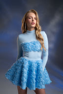 Açık Mavi Gül Detaylı Mini Elbise