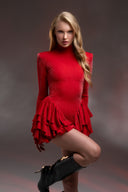 Kırmızı Simli Boğazlı Uzun Kollu Volan Detaylı Mini Elbise