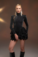 Siyah Simli Boğazlı Uzun Kollu Volan Detaylı Mini Elbise