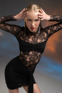 Siyah Transparan Dantel Detaylı Mini Elbise