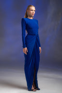 Saks Mavi Taşlı Büzgülü Uzun Elbise