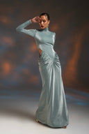 Su Yeşili Simli Cut Out Detaylı Maxi Elbise