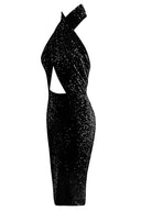 Siyah Payetli Çapraz Detaylı Midi Elbise