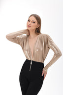 Light Gold Metalik Efektli Vatkalı Bodysuit