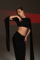 Siyah Taşlı Crop Bluz & Etek Takım