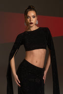 Siyah Taşlı Crop Bluz & Etek Takım
