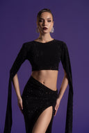 Siyah Taşlı Crop Bluz & Etek Takım