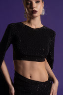 Siyah Taşlı Crop Bluz & Etek Takım