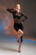 Siyah Transparan Dantel Detaylı Mini Elbise