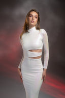 Beyaz Hologram Payetli Bel Detaylı Midi Elbise