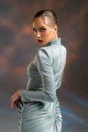 Su Yeşili Simli Cut Out Detaylı Maxi Elbise