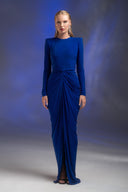 Saks Mavi Taşlı Büzgülü Uzun Elbise