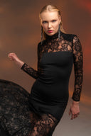 Siyah Transparan Dantel Detaylı Uzun Elbise