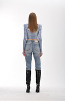 Bebe Mavi Metalik Efektli Vatkalı Crop Top