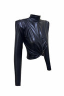 Kadın Siyah Deri Görünümlü Crop Top