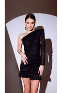 Lacivert Payetli Tek Omuz Elbise