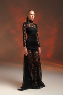 Siyah Transparan Dantel Detaylı Uzun Elbise