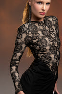 Siyah Dantel Üst Detaylı Mini Elbise