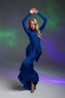 Koyu Mavi Fırfır Detaylı Uzun Elbise