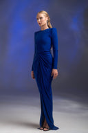 Saks Mavi Taşlı Büzgülü Uzun Elbise