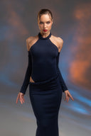 Lacivert Örgü Detaylı Maxi Elbise