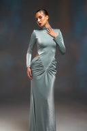 Su Yeşili Simli Cut Out Detaylı Maxi Elbise