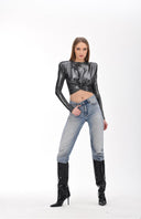 Antrasit Metalik Efektli Vatkalı Crop Top