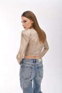Light Gold Metalik Efektli Vatkalı Crop Top