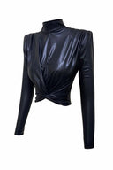 Kadın Siyah Deri Görünümlü Crop Top