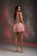 Açık Pembe Hologram Payetli Kolsuz Volan Detaylı Mini Elbise
