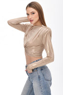 Light Gold Metalik Efektli Vatkalı Crop Top