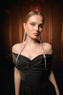 Siyah Düşük Omuzlu Balon Etek Detaylı Mini Elbise