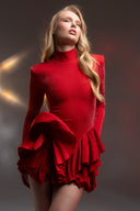 Kırmızı Simli Boğazlı Uzun Kollu Volan Detaylı Mini Elbise