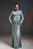 Su Yeşili Simli Cut Out Detaylı Maxi Elbise