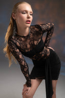 Siyah Transparan Dantel Detaylı Mini Elbise