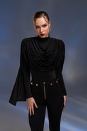 Siyah Şal Detaylı Drapeli Bodysuit