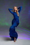 Koyu Mavi Fırfır Detaylı Uzun Elbise