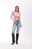 Uçuk Pembe Metalik Efektli Vatkalı Crop Top