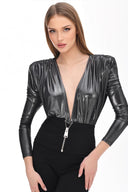 Antrasit Metalik Efektli Vatkalı Bodysuit