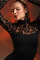 Siyah Transparan Dantel Detaylı Uzun Elbise