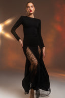 Siyah Dantel Yırtmaç Detaylı Uzun Elbise