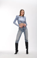 Bebe Mavi Metalik Efektli Vatkalı Crop Top