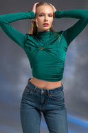 Yeşil Gold Aksesuar Detaylı Crop Top