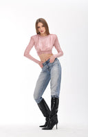 Uçuk Pembe Metalik Efektli Vatkalı Crop Top