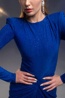 Saks Mavi Taşlı Büzgülü Uzun Elbise