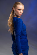 Saks Mavi Taşlı Büzgülü Uzun Elbise