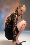 Siyah Transparan Dantel Detaylı Mini Elbise