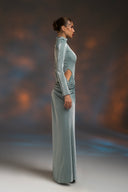 Su Yeşili Simli Cut Out Detaylı Maxi Elbise